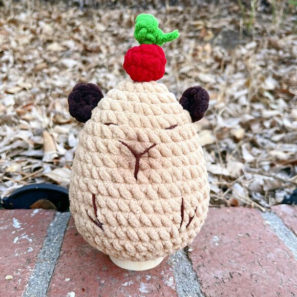 Capybara Crochet Plush | Chenille Amigurumi Capybara with Cherry Hat | Desk Gift - Picture 4 of 5